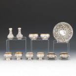 Eleven Sterling Silver Salt Cellars, Salt/Pepper Shakers and Footed Dish