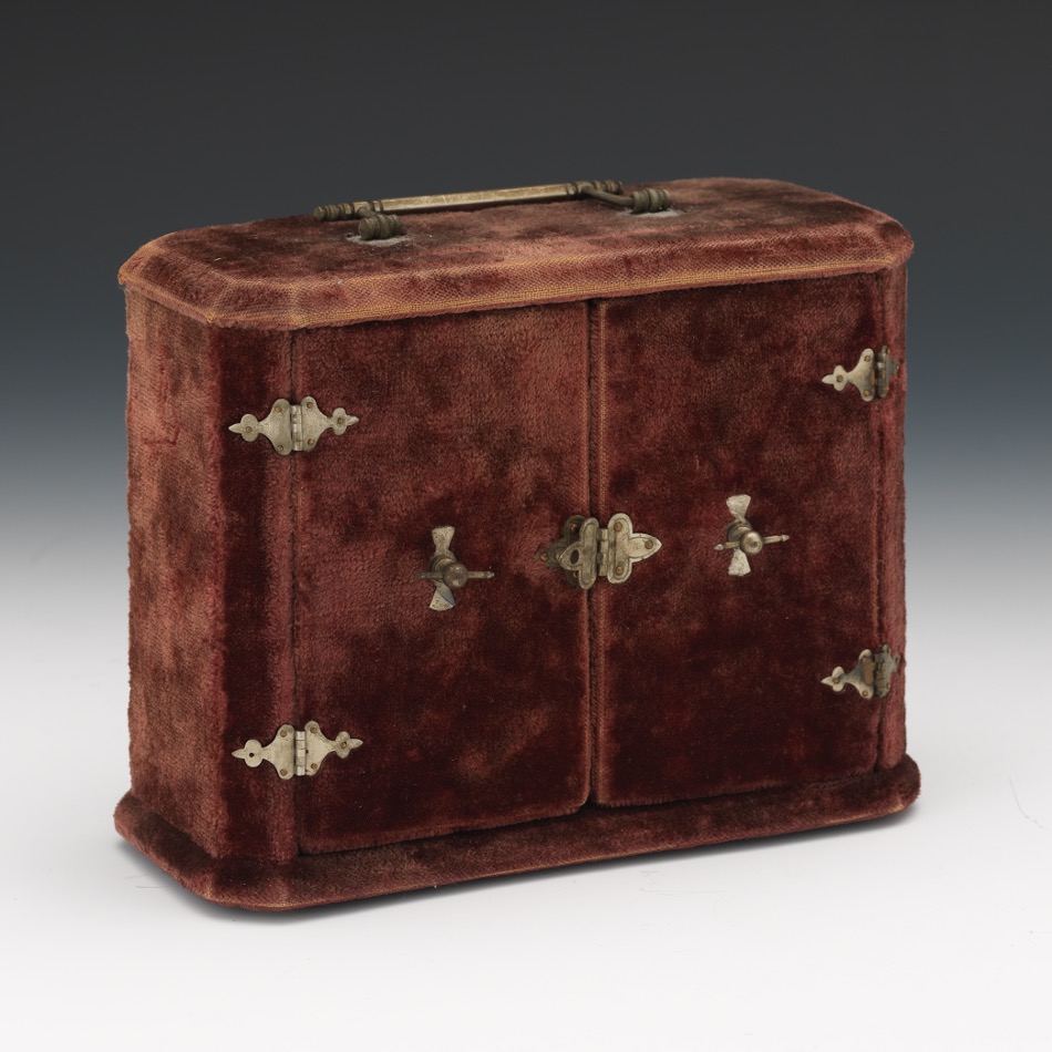 Victorian Velvet Miniature Vanity Cabinet with Scent Bottles, ca. Middle 19th Century - Image 2 of 14