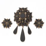 Victorian Onyx and Seed Pearl Brooch and Matching Earrings Suite, ca. 1880