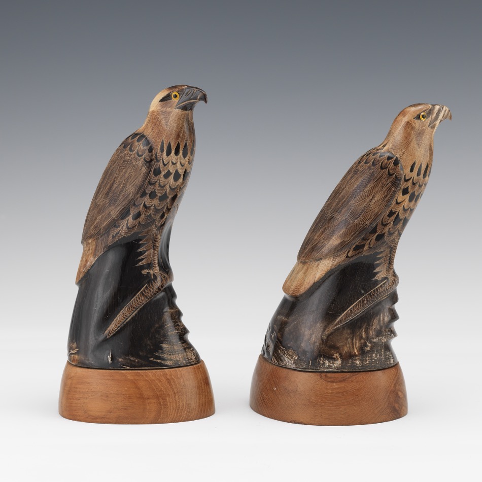 Japanese Pair of Carved Horn Book Ends, Eagles Capturing Serpent - Image 4 of 7
