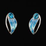 Nicole Barr London Sterling Silver, Blue Topaz and Guilloche Enamel Pair of Earrings