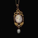 Ladies' Two-Tone Gold, Diamond and Pearl Victorian Cameo Pendant on Chain