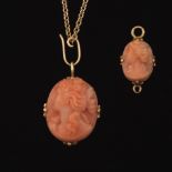 Two Victorian Carved Coral Cameos on Gold Chain
