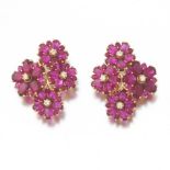 Pair of Flower Synthetic Ruby and Diamond Earrings