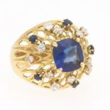 14k Yellow Gold Ring Synthetic Sapphires and Diamonds