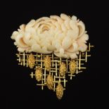 A Finely Carved Angel Skin Coral Chrysanthemum Brooch in Modernist Gold Frame