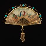 Victorian Gold, Turquoise and Hand Painted Miniature Fan Ornament