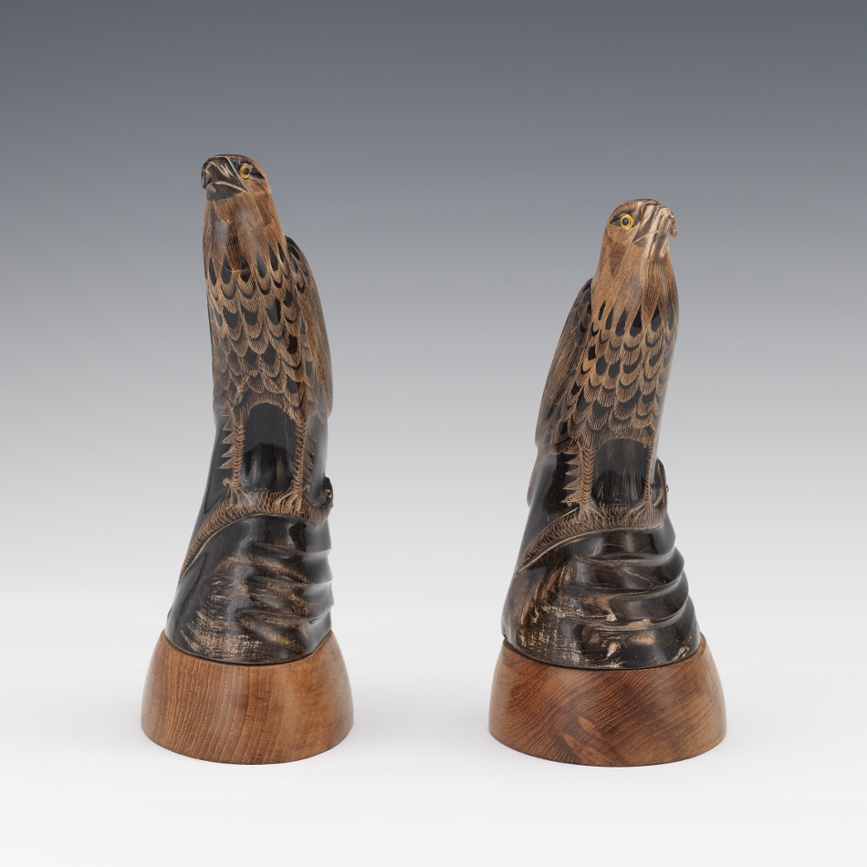 Japanese Pair of Carved Horn Book Ends, Eagles Capturing Serpent - Image 3 of 7