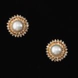 Ladies' Gold, Pearl and Diamond Pair of Earrings
