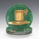 Piero Fornasetti Malachite Green Plates with Gold Designs #1, #2, #3, #7, and #8