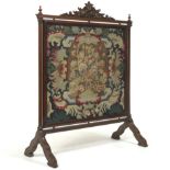 Victorian Needlepoint and Carved Wood Fireplace Screen