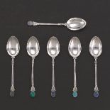 A Set of Sterling Silver and Australian Opal Demitasse Spoons by Hardy Bros. Ltd
