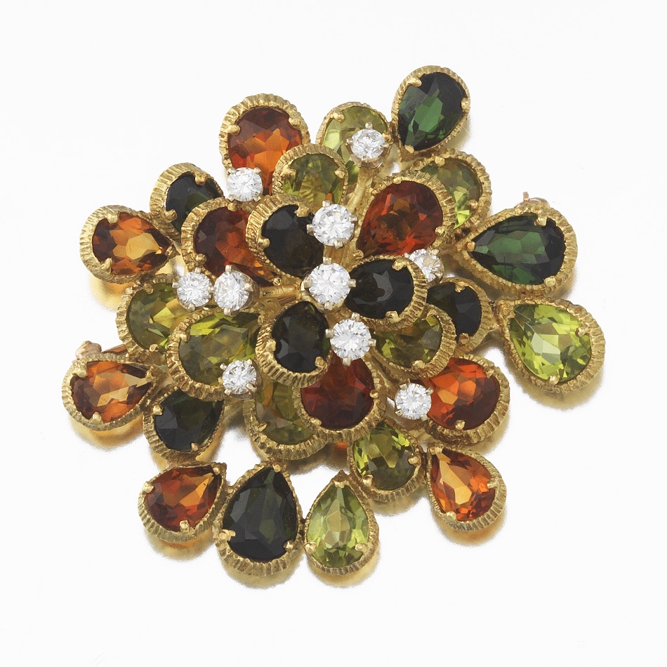 Retro Tourmaline, Peridot, Cintrine and Diamond Spray Brooch