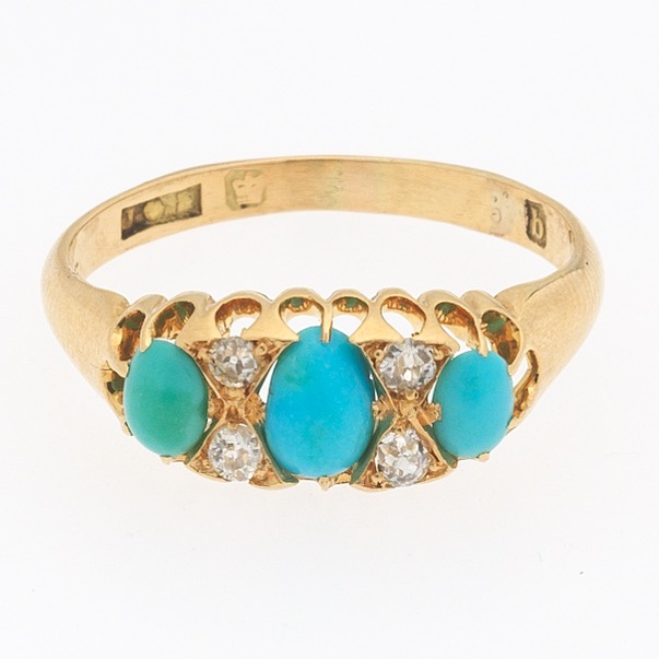 Victorian English Gold, Turquoise and Diamond Ring, Shefiled, dated 1894