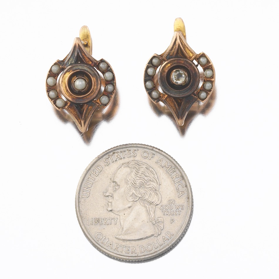 Ladies' Victorian Rose Gold, Seed Pearl and Clear Stone Pair of Earrings - Image 2 of 6