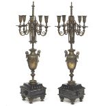 Pair of d'Ore Bronze, Mixed Metals and Black Slate Five-Light Candelabra Lamps, Stamped "Tiffany &