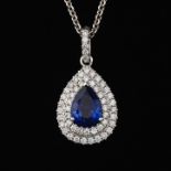 Ladies' Gold Blue Sapphire and Diamond Pendant on Chain