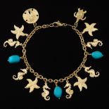 Ladies' Italian Gold and Turquoise Sea Life Charm Bracelet