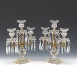 Pair of French d'Ore Bronze and Crystal Three-Light Candelabra