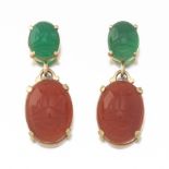 Ladies' Gold, Green Chalcedony ans Carnelian pair of Scarab Dangle Earrings