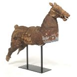 Carved Wood Horse Sculpture on Iron Base