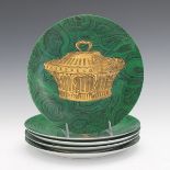 Piero Fornasetti Malachite Green Plates with Gold Designs #1,#2, #7, #9, and #11