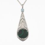 Ladies' Art Deco Platinum, Aquamarine and Malachite Pendant on Gold Chain