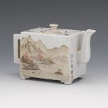 Chinese Porcelain Rectangular Signed Teapot, by Wang Xiaoting