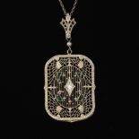 Ladies' Edwardian Gold, Diamond, Emerald and Seed Pearl Pendant on Chain