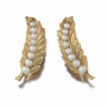 Ladies' Edwardian Gold and Seed Pearl Pair of Leaf Earrings