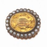 Victorian Citrine and Silver Seed Pearn Brooch