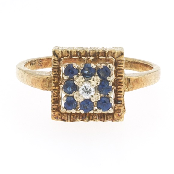 Ladies' Retro Gold, Blue Sapphire and Diamond Ring