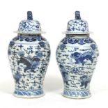 Pair of Large Chinese Porcelain Blue and White Foo Lion Temple Vases, ca. Late Qing/Republic Period