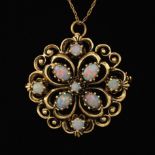 Ladies' Retro Gold and Opal Pin/Brooch/Pendant on Chain