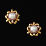 Ladies' Gold, Pearl and Diamond Pair of Earrings