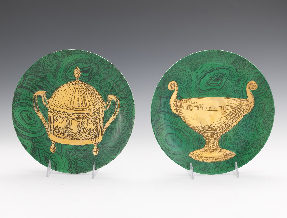 Piero Fornasetti Malachite Green Plates with Gold Designs #4, #5, #6, #9, and #10 - Image 6 of 7