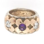 Ladies' Gold, Sterling Silver, Amethyst and Diamond Wide Band