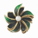 Ladies' Retro Gold, Guilloche Enamel and Pearl Floral Pin/Brooch