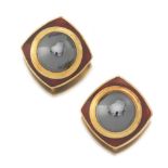 Leo De Vroomen Hematite Gold and Red Guilloche Enamel Ear Clips, Backs Stamped "Tiffany & Co."