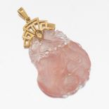 Antique Chinese Carved Rose Quartz and Gold Pendant, Two Peaches of Immortality