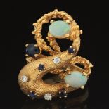 Ladies' Vintage Gold, Opal, Diamond and Blue Sapphire Serpentine Fashion Ring