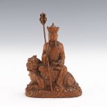 Chinese Carved Boxwood Cabinet Sculpture of Avalokiteshvara on Foo Lion and Clouds