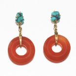 Ladies' Gold, Antique Chinese Carnelian and Turquoise Pair of Earrings