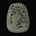 Chinese Carved Green Jade Plaque with Immortal and Awabi Bat