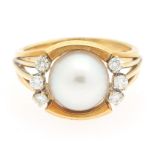 Ladies' Vintage Two-Tone Gold, Pearl and Diamond Ring