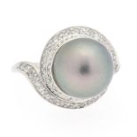 Ladies' Platinum, 11mm Tahitian Pearl and Diamond Ring