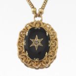 Victorian Black Enamel, Gold and Diamond Pendant on Chain