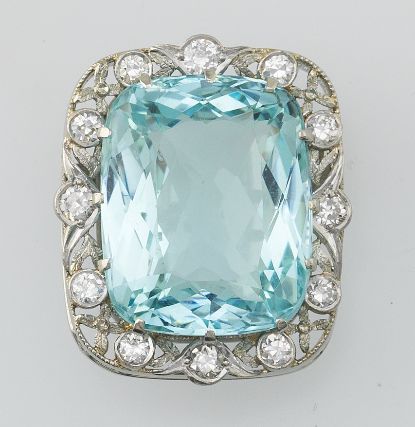 Ladies' Edwardian Platinum, Gold, 26 ct Aquamarine and Diamond Pin/Brooch/Pendant on Chain