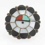 Ladies' Zuni Sterling Silver, Black Onyx, Mother-of-Pearl, Turquoise and Coral Floral Ring, by D.J.