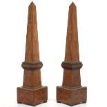 Pair of Monumental Signed Parquetry and Painted Obelisks with Gilt Metal Mountings